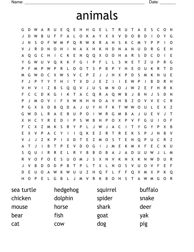 animals  Word Search