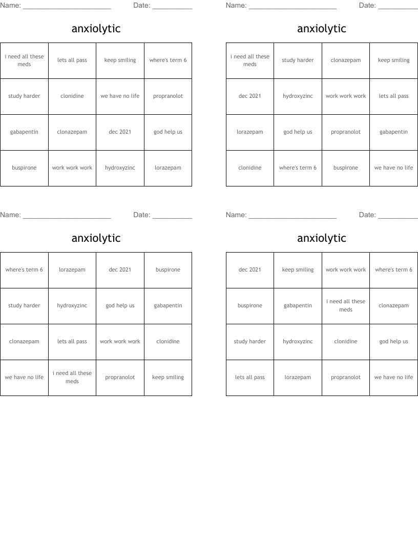 anxiolytic Bingo Cards
