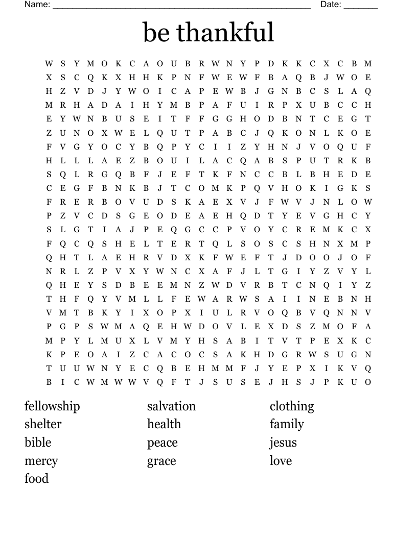 Be Thankful Word Search WordMint