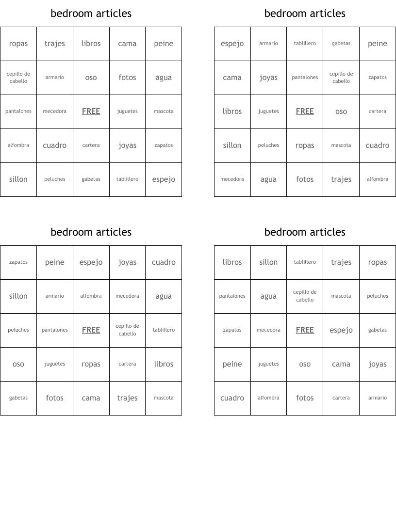 bedroom articles Bingo Cards