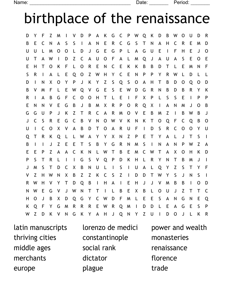 birthplace of the renaissance Word Search