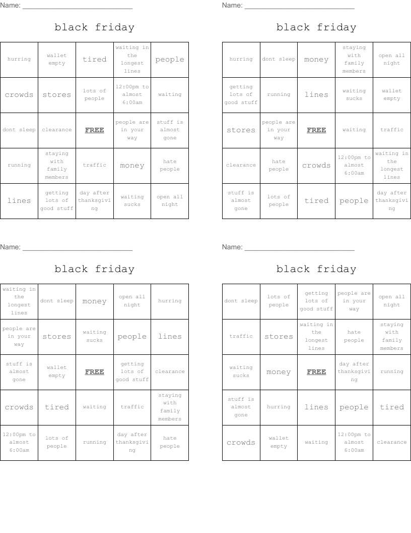 black friday Bingo Cards