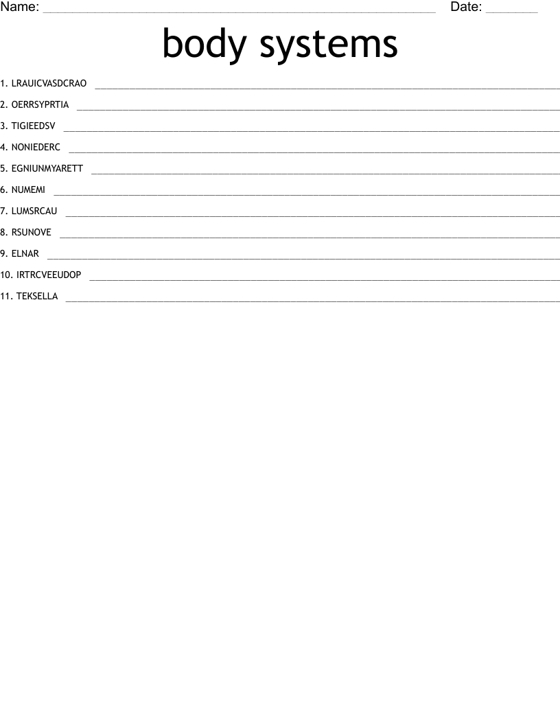 body systems Word Scramble