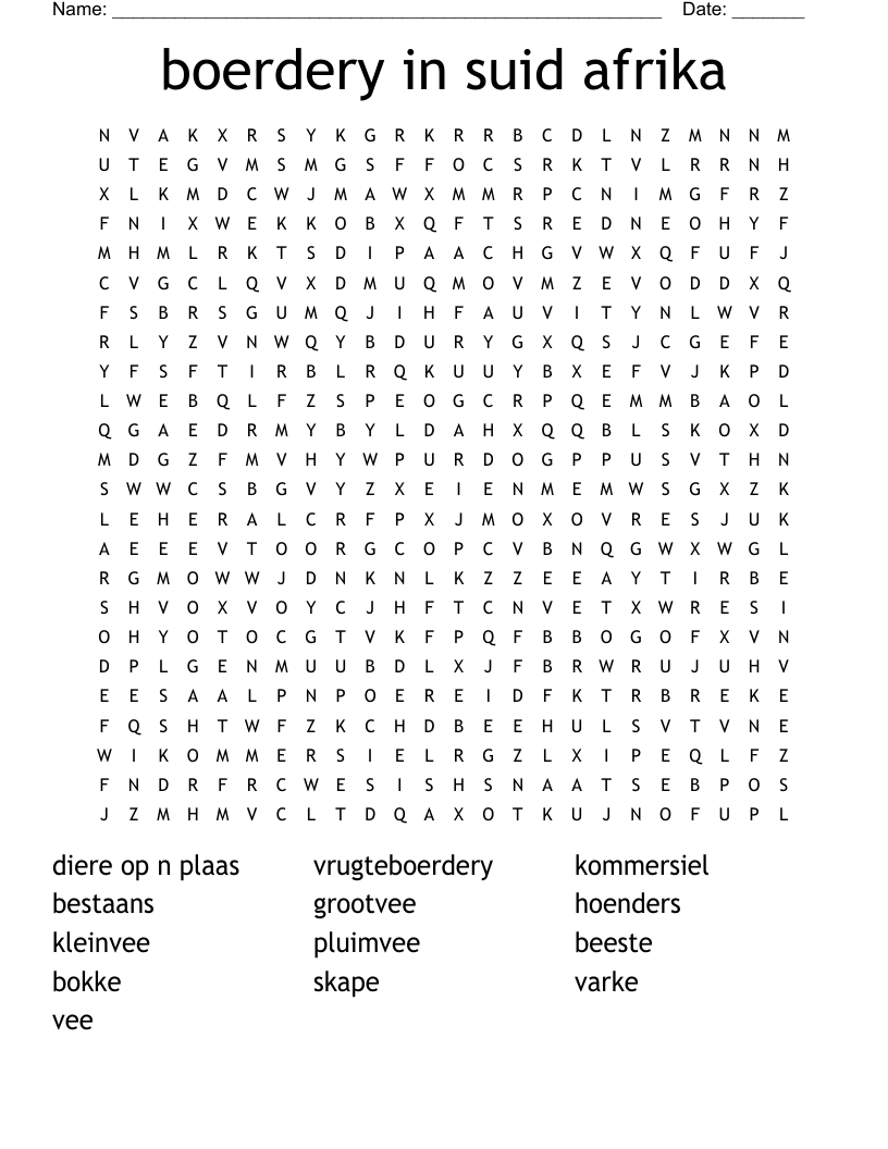 boerdery in suid afrika Word Search