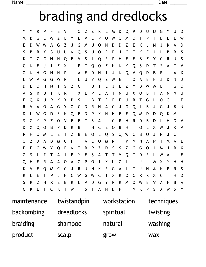 brading and dredlocks Word Search