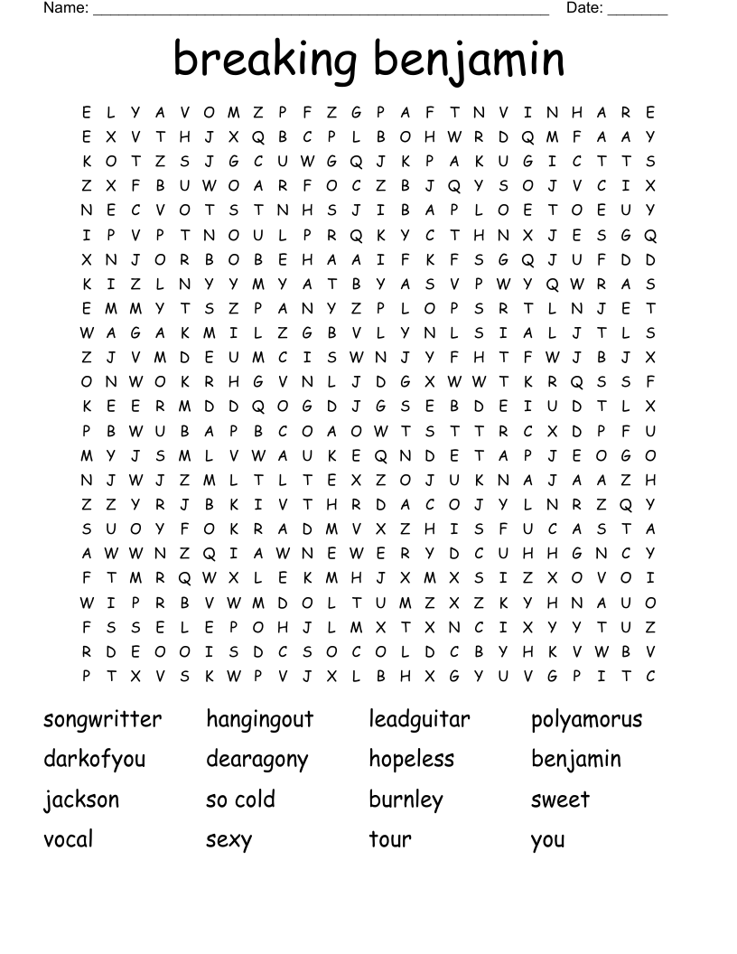 breaking benjamin Word Search