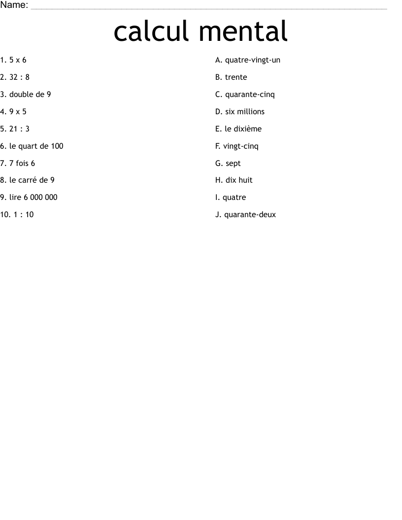 calcul mental Worksheet