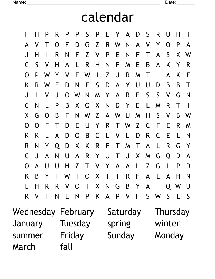 Calendar Word Search WordMint