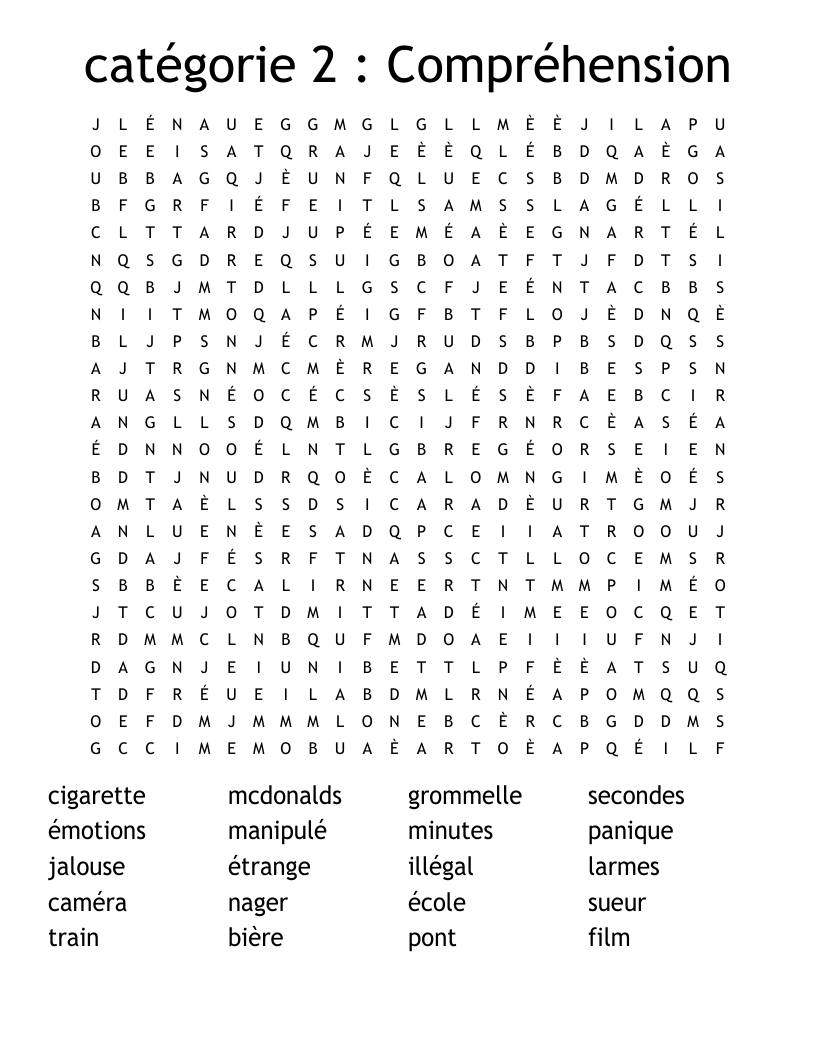 catégorie 2 : Compréhension Word Search