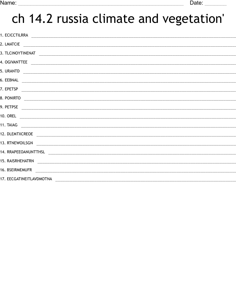 ch 14.2 russia climate and vegetation' Word Scramble