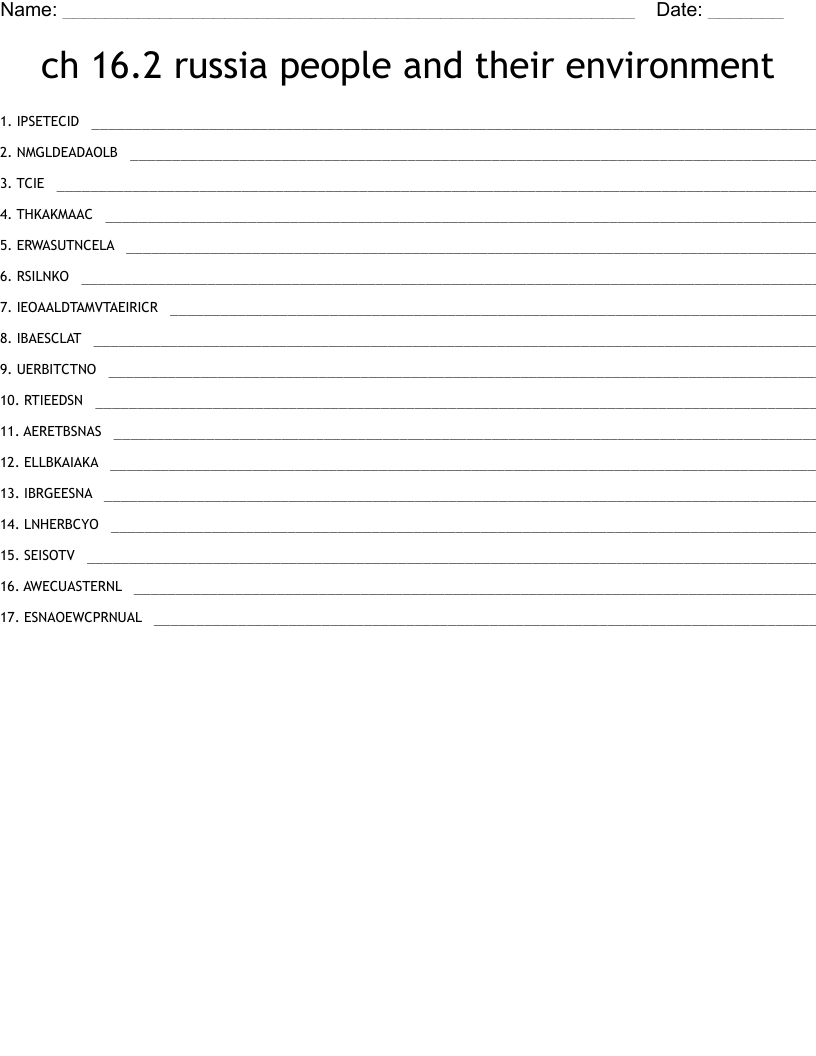 ch 16.2 russia people and their environment Word Scramble
