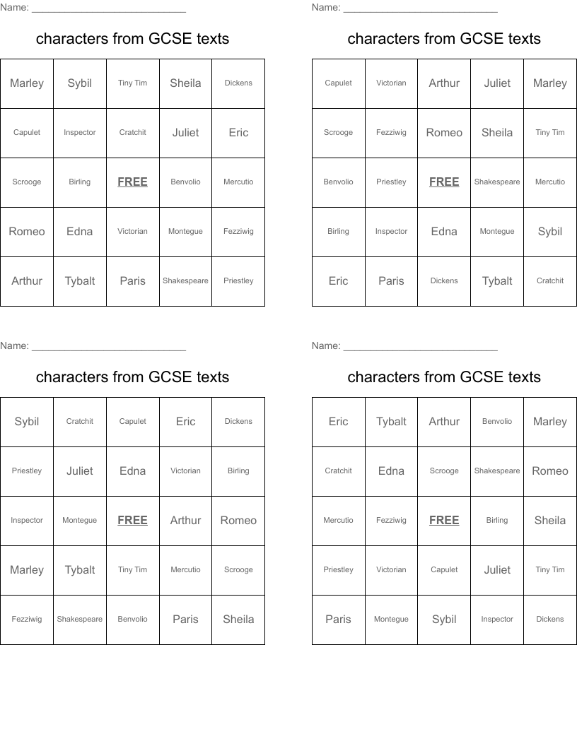 characters from GCSE texts Bingo Cards