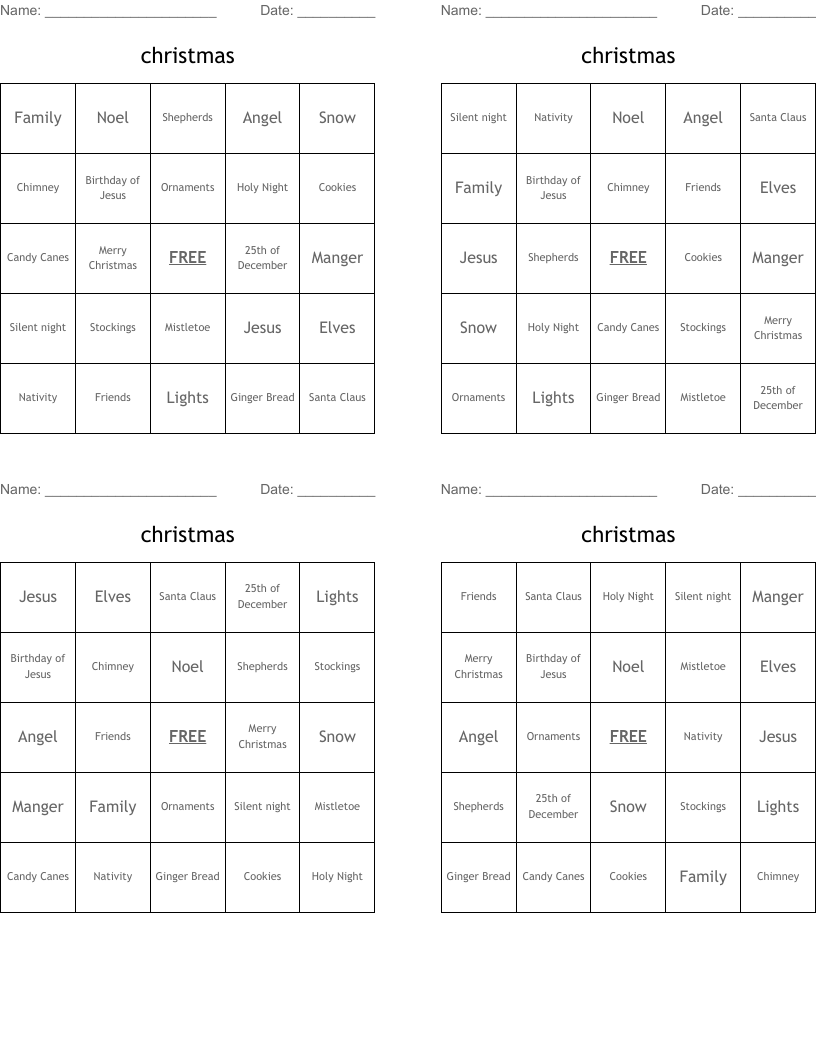 christmas Bingo Cards