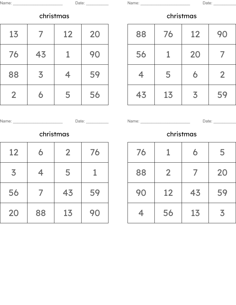 christmas Bingo Cards