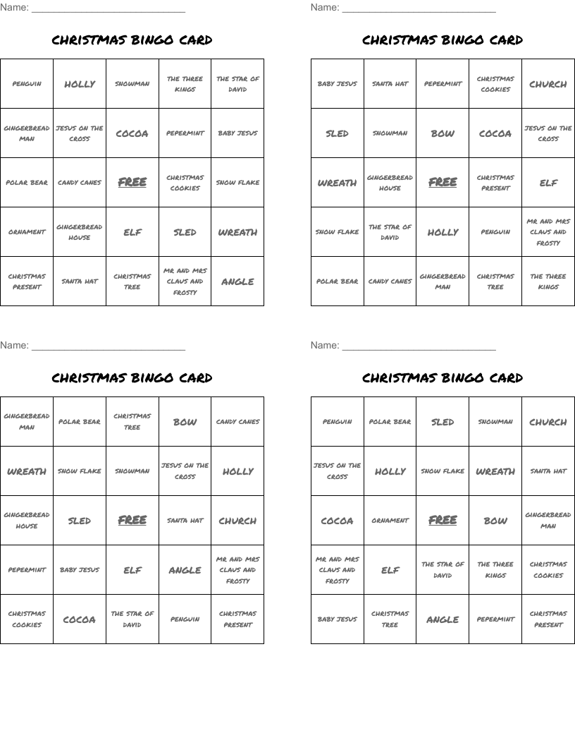 christmas bingo card