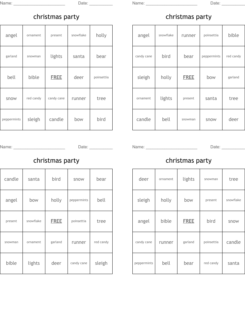 christmas party Bingo Cards