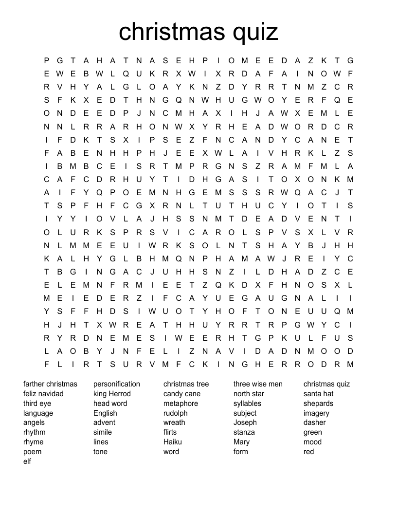 christmas quiz Word Search