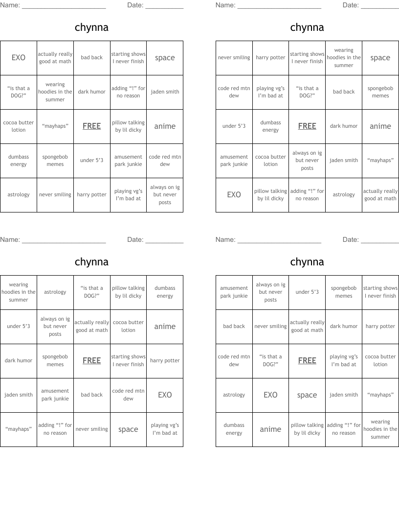 chynna Bingo Cards
