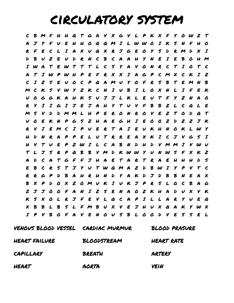 circulatory system Word Search