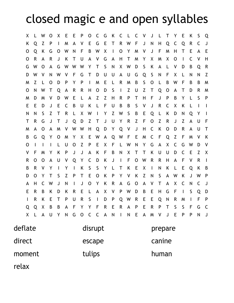 closed  magic e and open syllables Word Search