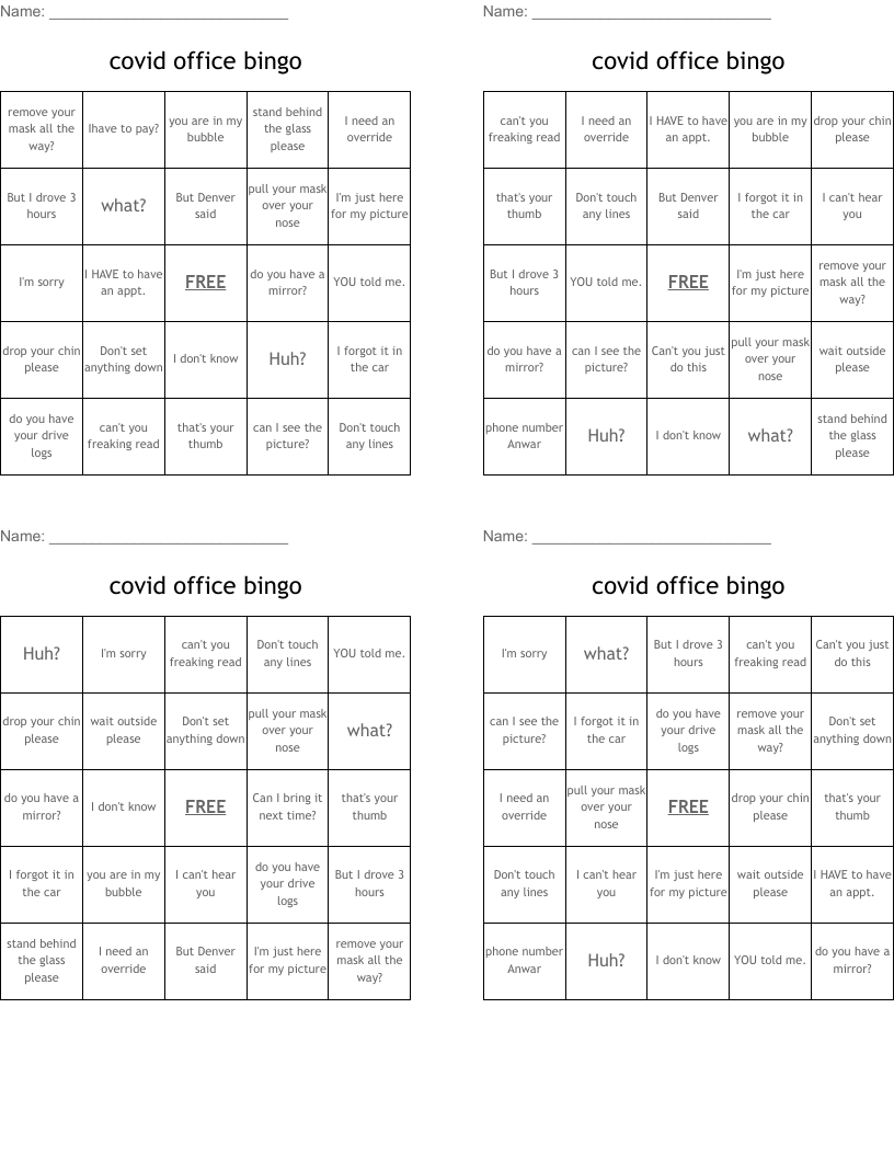 covid office bingo
