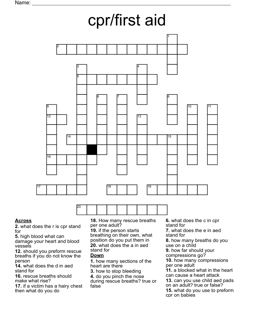 CPR First Aid AED Crossword Puzzle WordMint