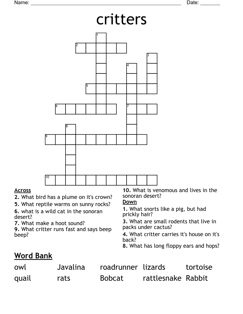 Critters Crossword WordMint