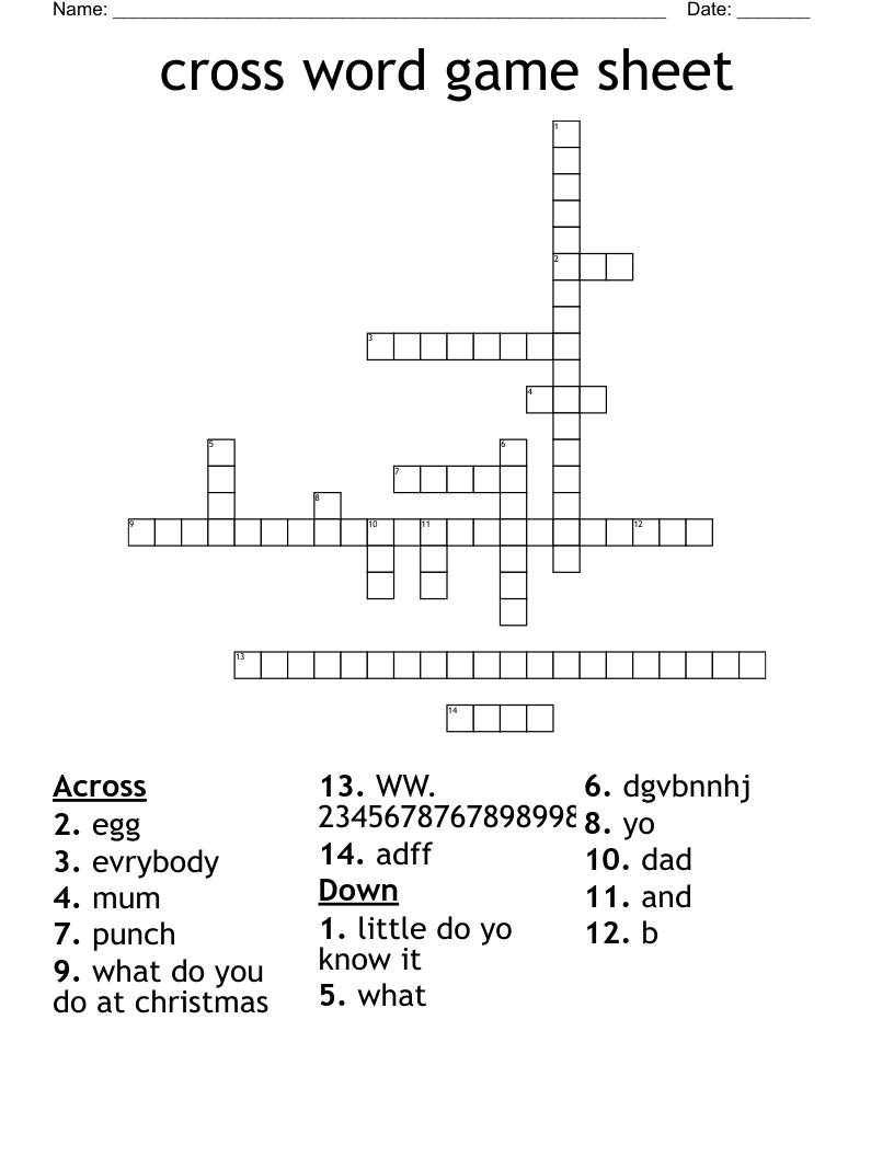 cross word game sheet