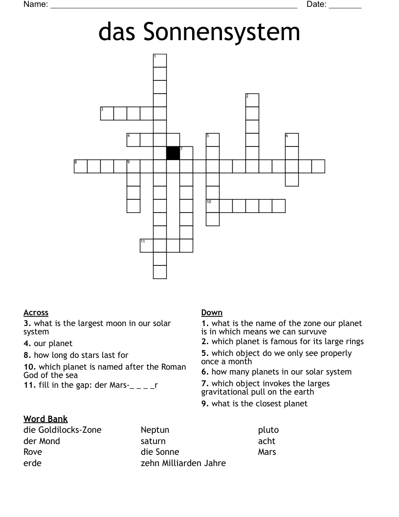 das Sonnensystem Crossword