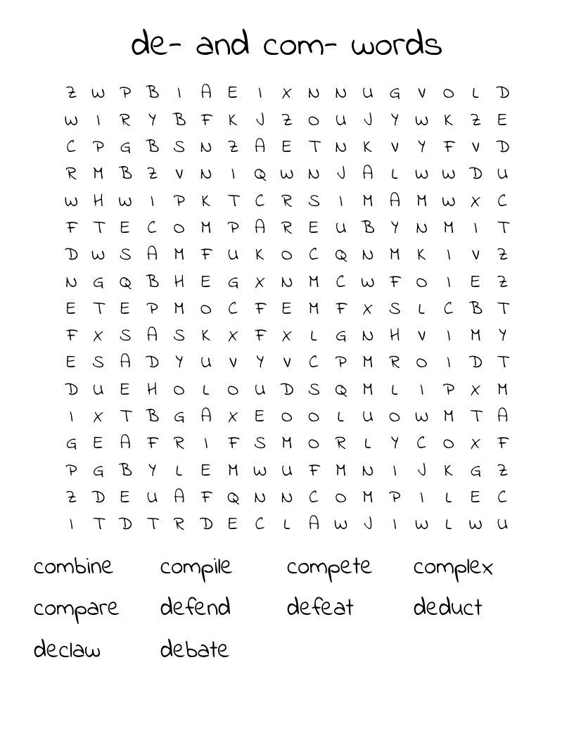 de- and com- words Word Search
