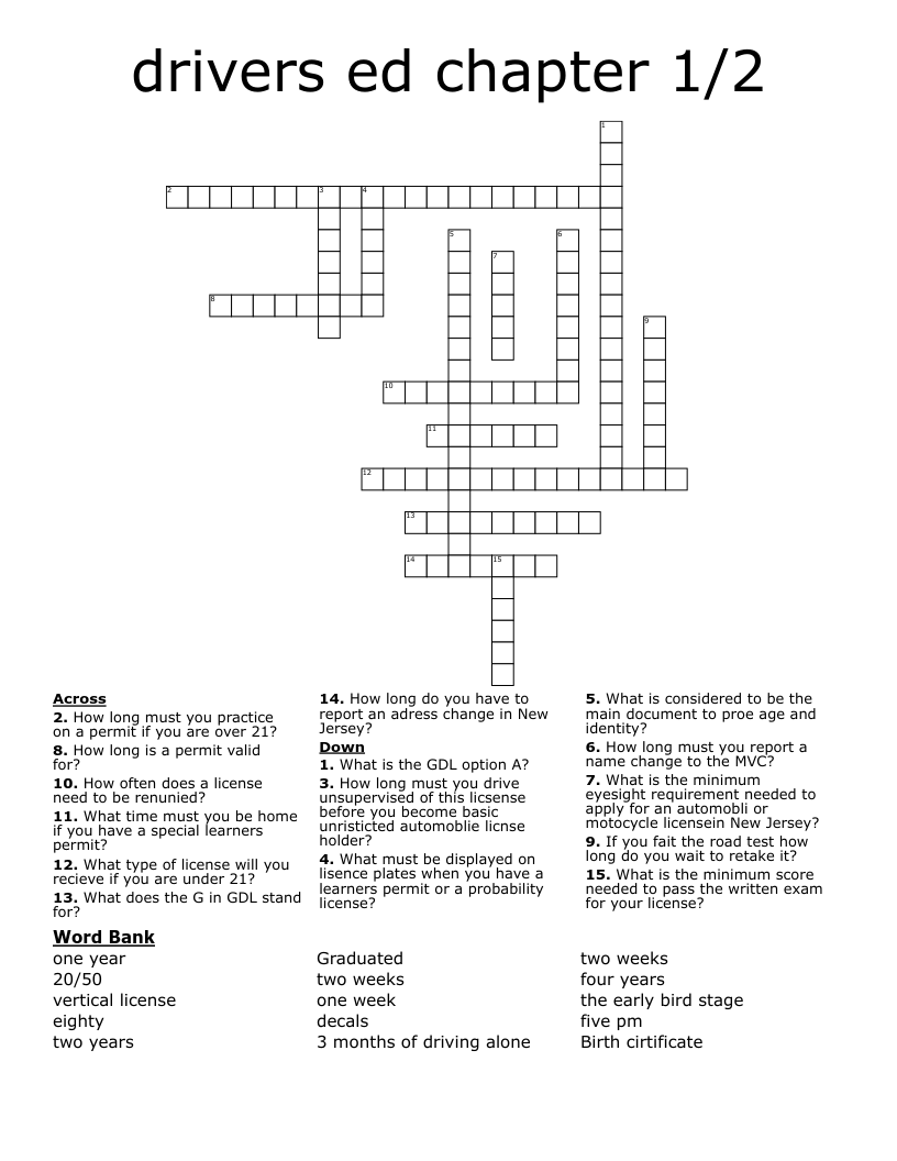 Drivers Ed Chapter 1 2 Crossword WordMint