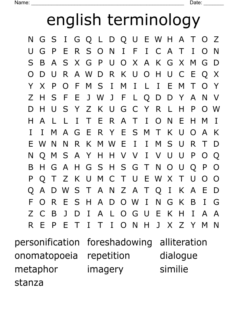 english terminology Word Search - WordMint