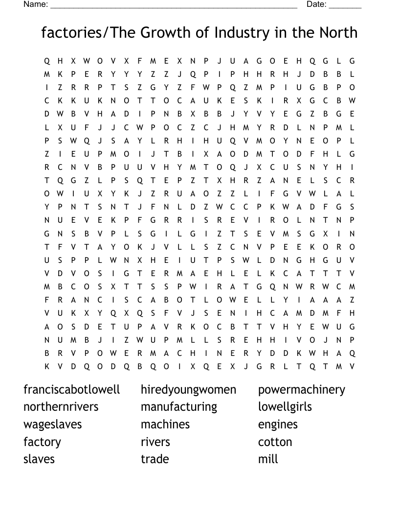 factories/The Growth of Industry in the North Word Search
