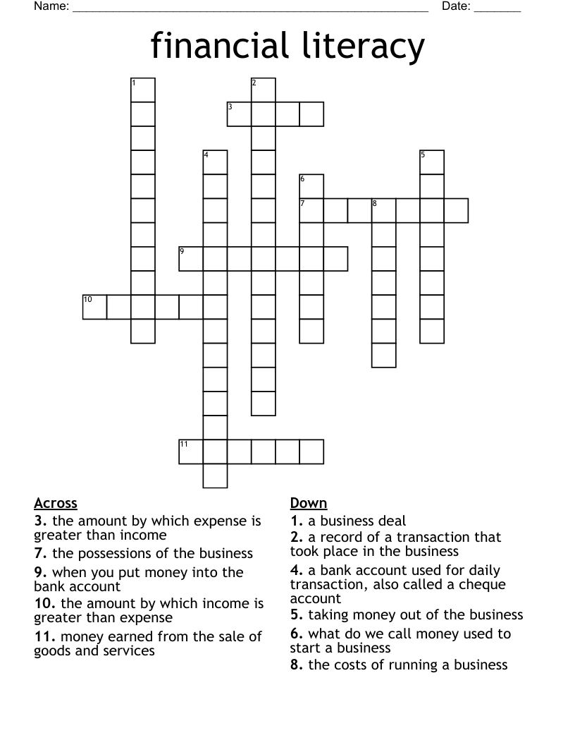 FINANCIAL LITERACY Crossword WordMint