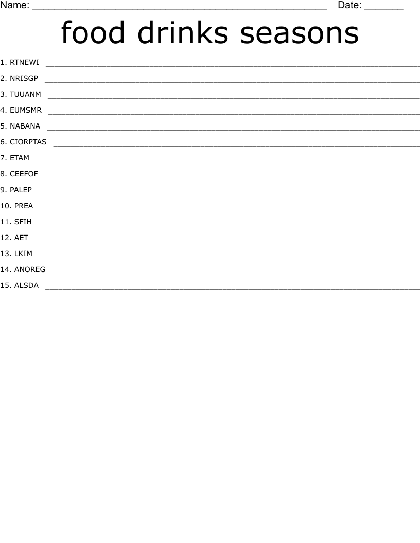 food drinks seasons Word Scramble