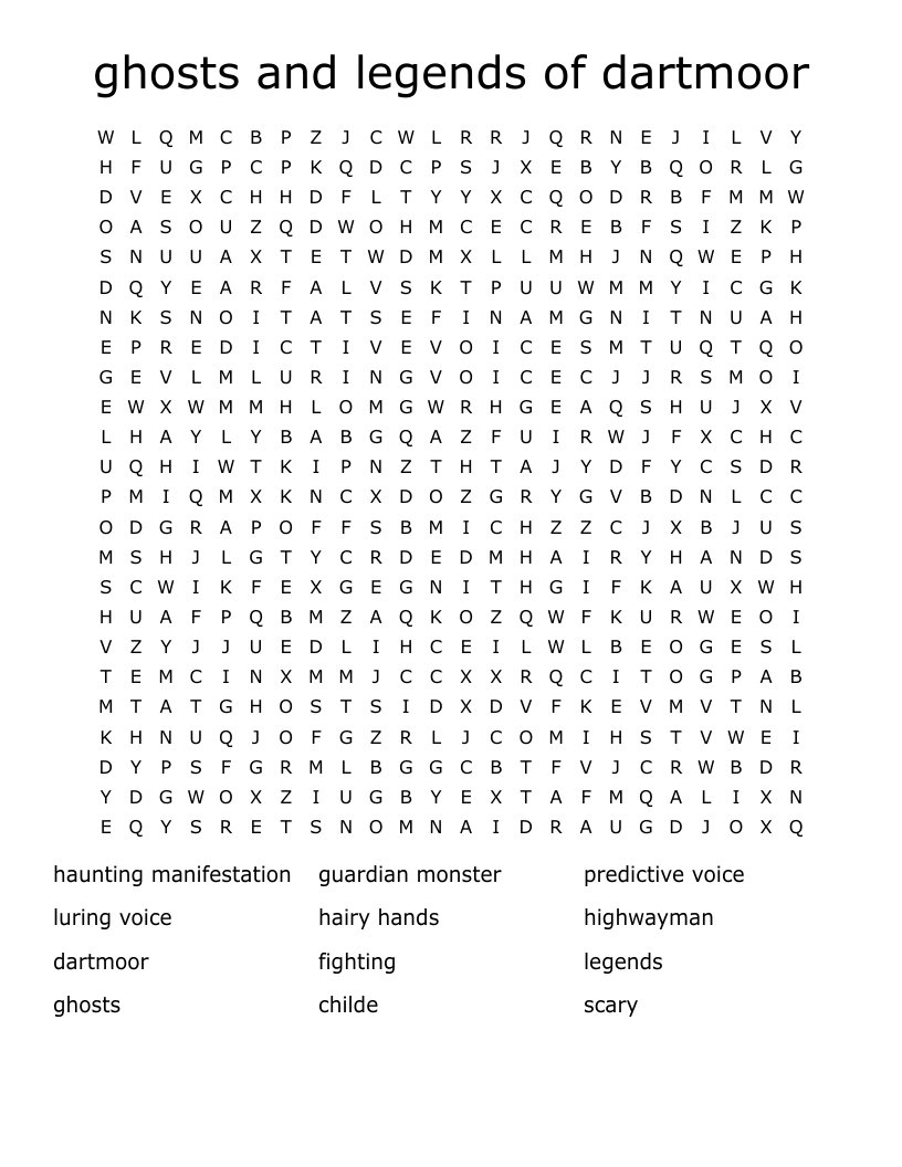 ghosts and legends of dartmoor Word Search