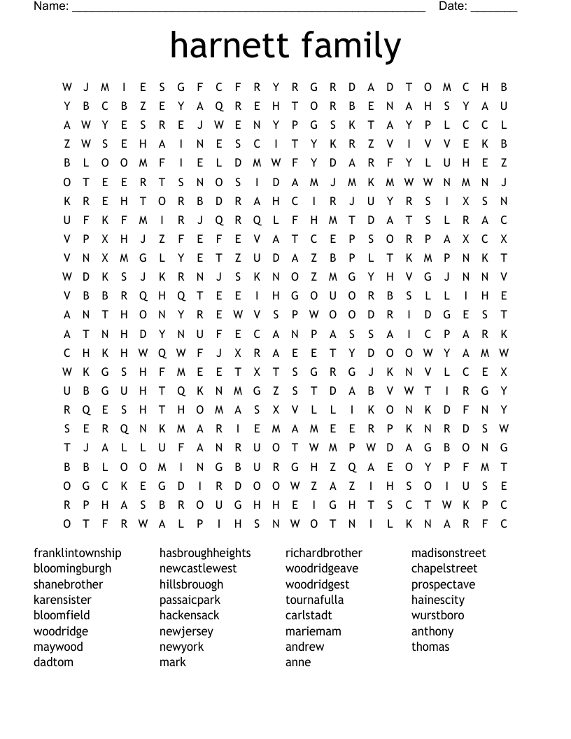 harnett family Word Search