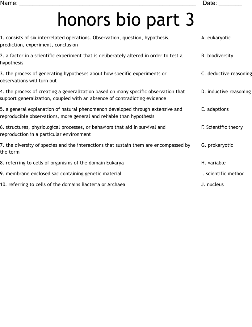 honors bio part 3 Worksheet