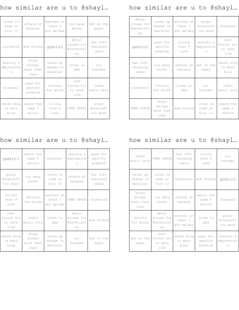how similar are u to @shaylivias Bingo Cards