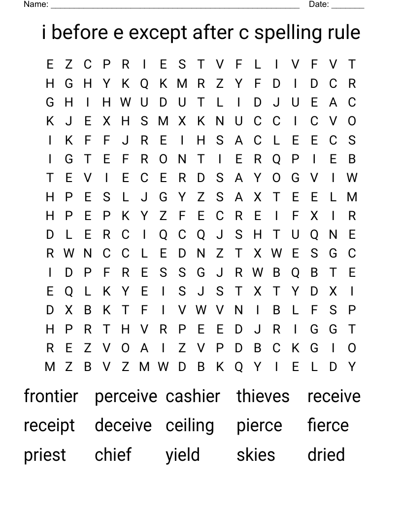 I Before E Except After C Spelling Rule Word Search WordMint