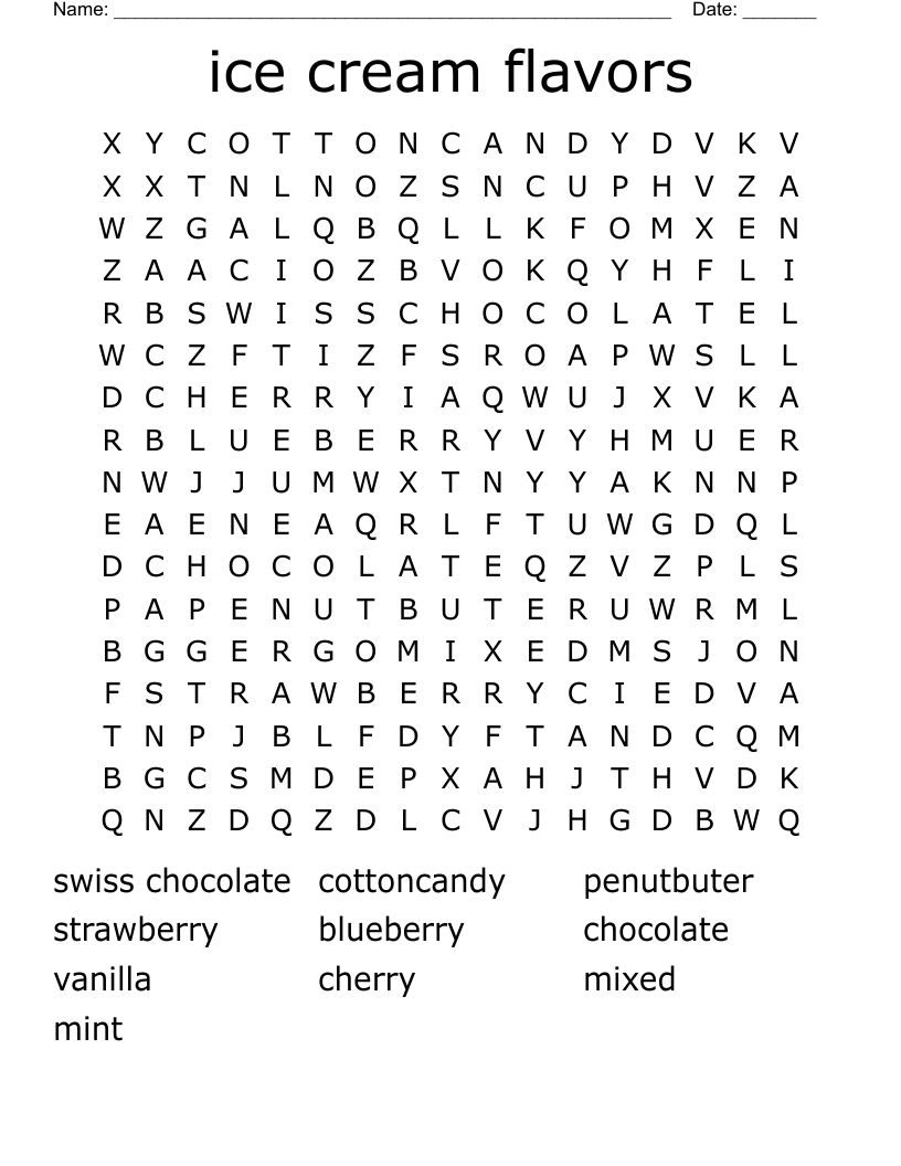 Ice Cream Flavors Word Search WordMint