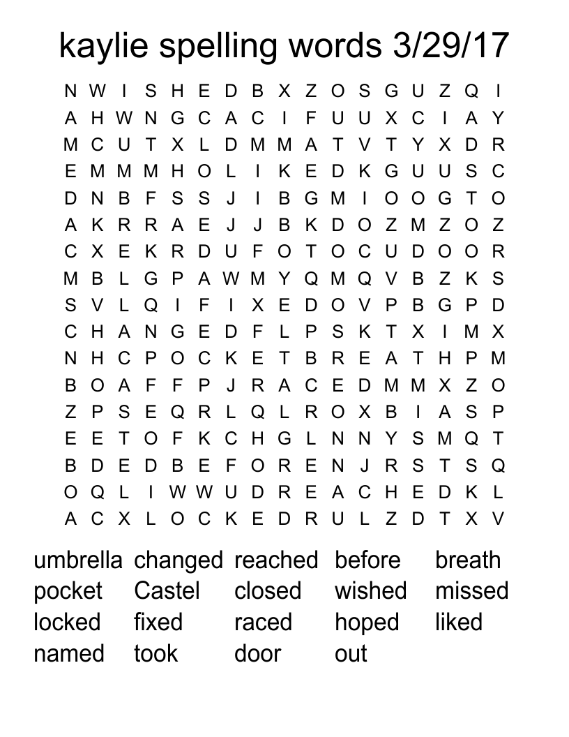 kaylie spelling words 3/29/17 Word Search