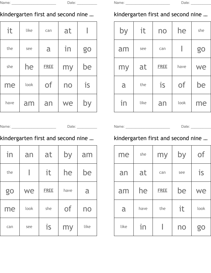 kindergarten first and second nine weeks Bingo Cards