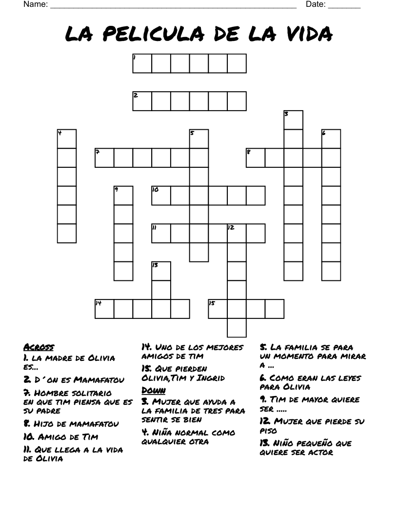 la pelicula de la vida  Crossword