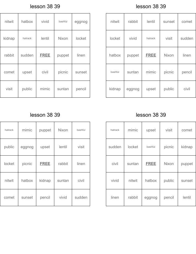 lesson 38 39 Bingo Cards - WordMint