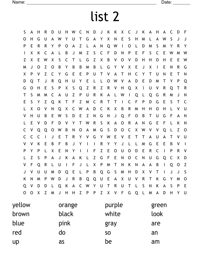 list 2 Word Search
