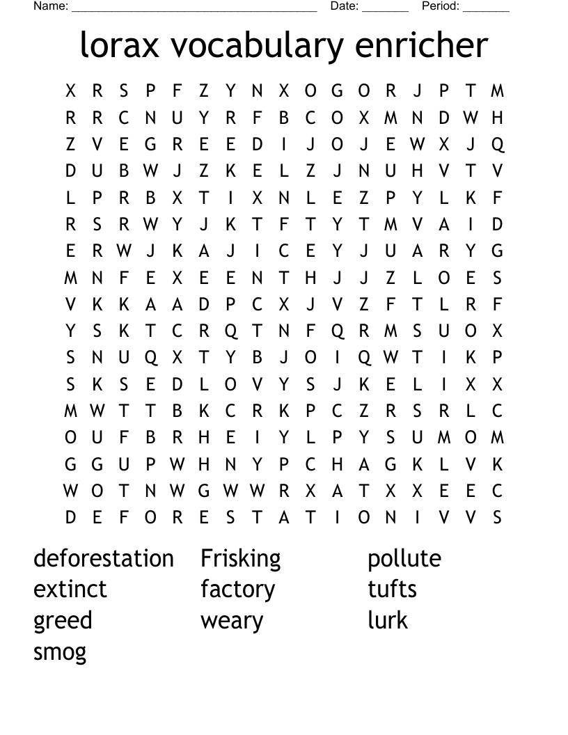 Lorax Vocabulary Enricher Word Search WordMint