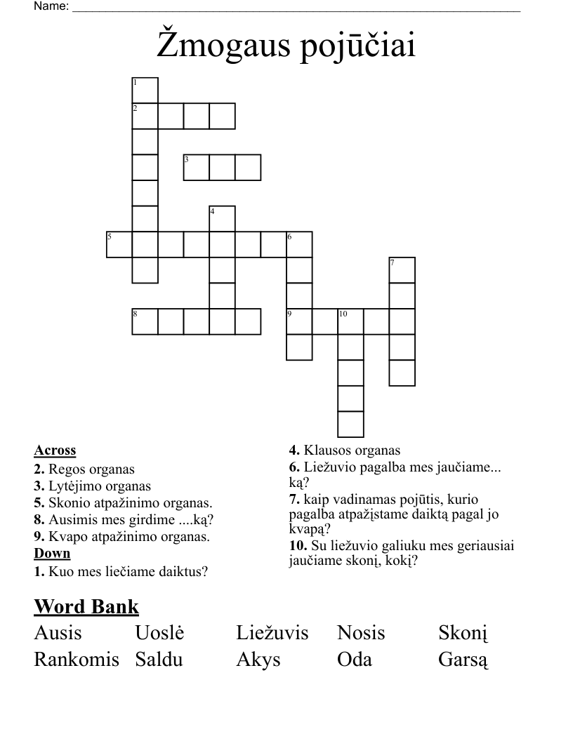 Žmogaus  pojūčiai Crossword