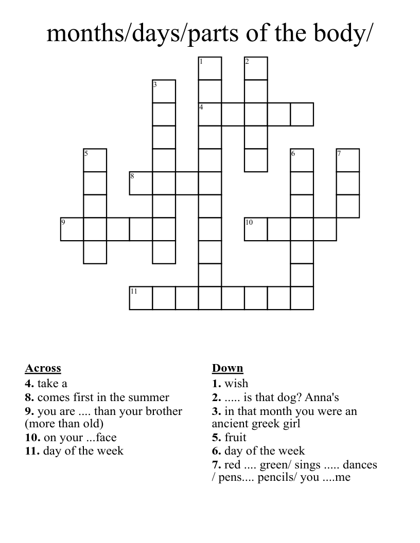 months/days/parts of the body/ Crossword