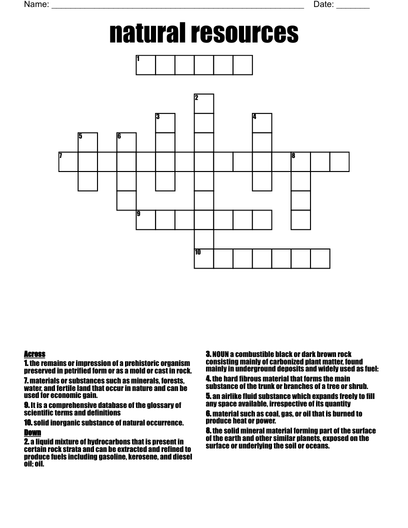 Natural Resources Crossword WordMint